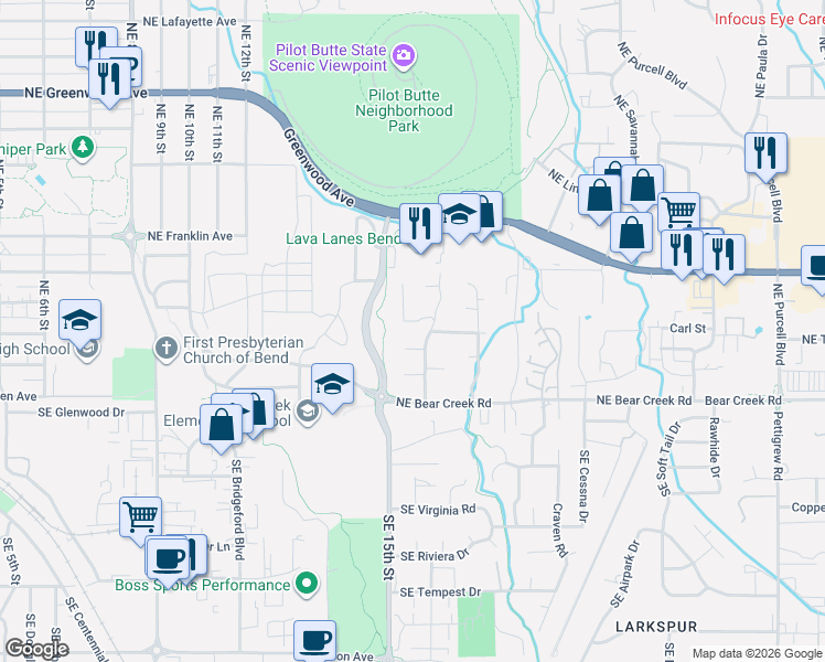 map of restaurants, bars, coffee shops, grocery stores, and more near 323 Northeast McCartney Drive in Bend