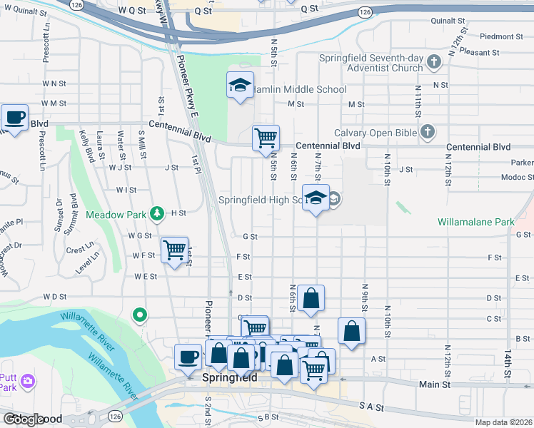 map of restaurants, bars, coffee shops, grocery stores, and more near 922 5th Street in Springfield