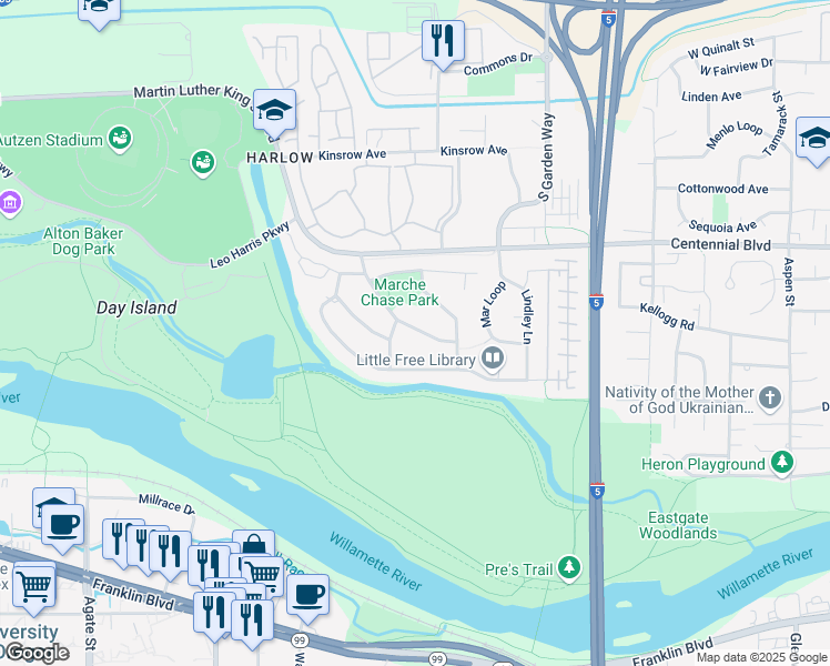 map of restaurants, bars, coffee shops, grocery stores, and more near 3425 Chevy Chase Street in Eugene