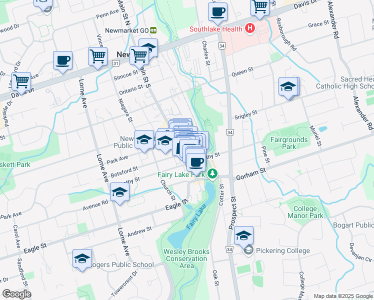 map of restaurants, bars, coffee shops, grocery stores, and more near 214 Main Street South in Newmarket