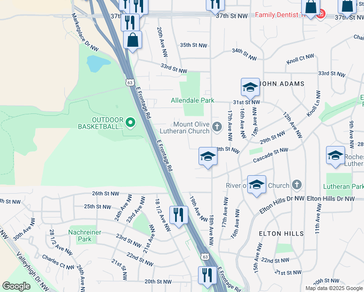 map of restaurants, bars, coffee shops, grocery stores, and more near 2801 19th Avenue Northwest in Rochester