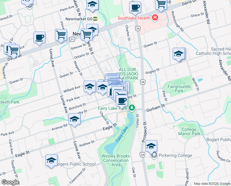 map of restaurants, bars, coffee shops, grocery stores, and more near 201 Main Street South in Newmarket