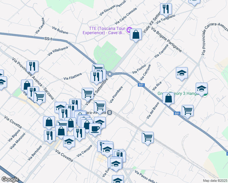 map of restaurants, bars, coffee shops, grocery stores, and more near 41 Via Piombara in Carrara