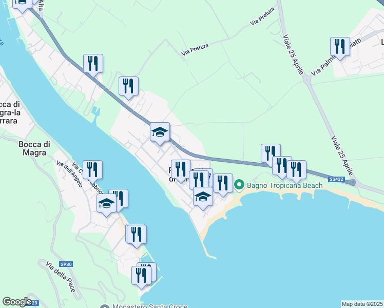 map of restaurants, bars, coffee shops, grocery stores, and more near 89 Via Litoranea in Fiumaretta di Ameglia