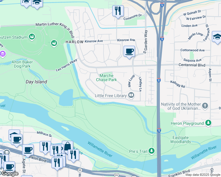 map of restaurants, bars, coffee shops, grocery stores, and more near 3425 Chevy Chase Street in Eugene