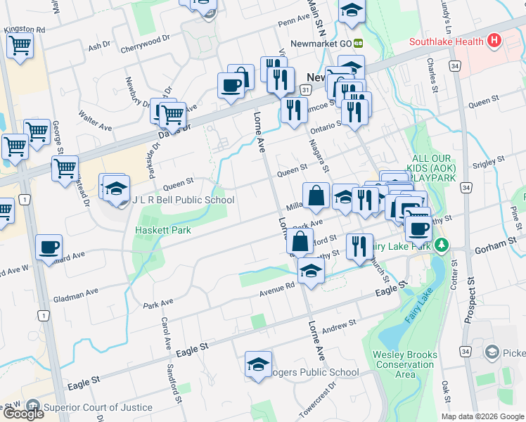 map of restaurants, bars, coffee shops, grocery stores, and more near 303 Millard Avenue in Newmarket