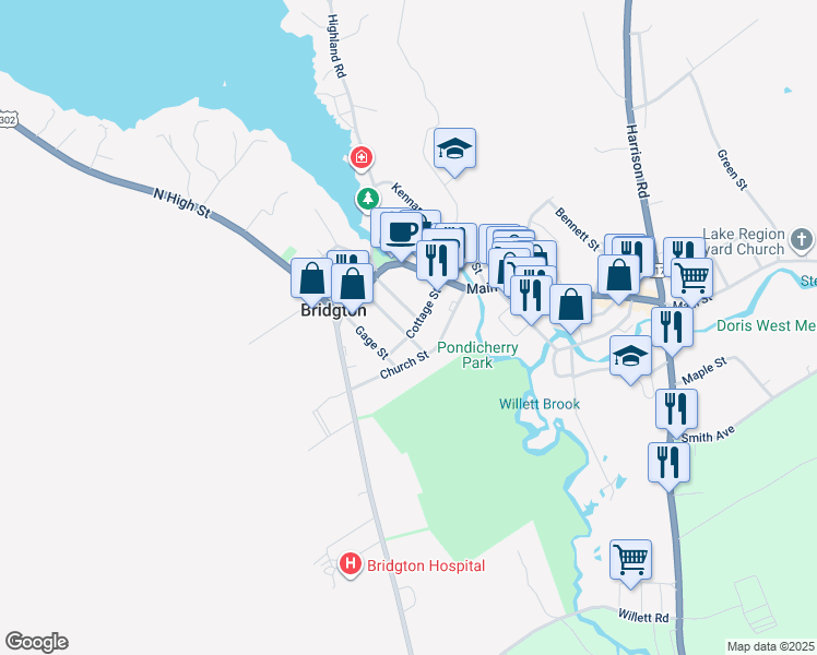 map of restaurants, bars, coffee shops, grocery stores, and more near 16 Fowler Street in Bridgton