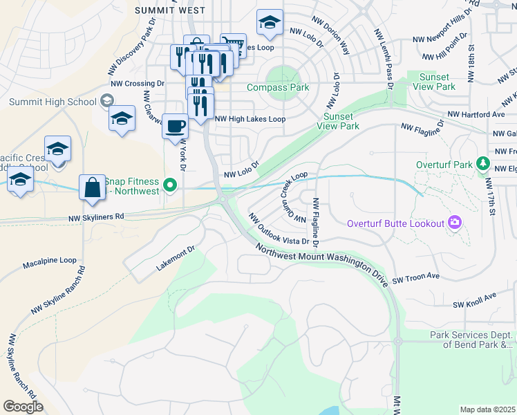 map of restaurants, bars, coffee shops, grocery stores, and more near 238 Northwest Outlook Vista Drive in Bend