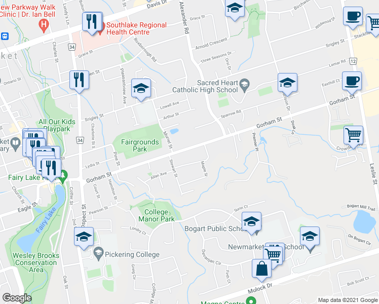 map of restaurants, bars, coffee shops, grocery stores, and more near 760 Gorham Street in Newmarket