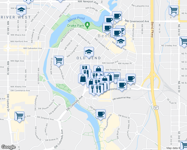 map of restaurants, bars, coffee shops, grocery stores, and more near 724 Northwest Delaware Avenue in Bend