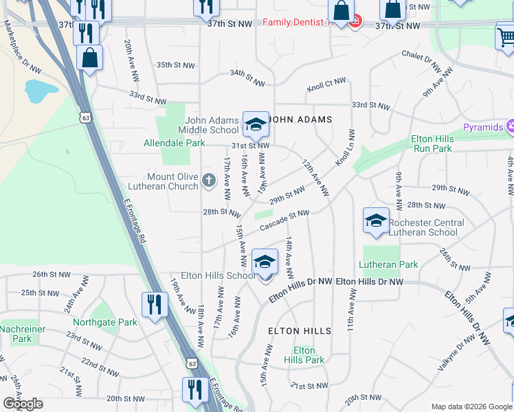 map of restaurants, bars, coffee shops, grocery stores, and more near 2824 15th Avenue Northwest in Rochester