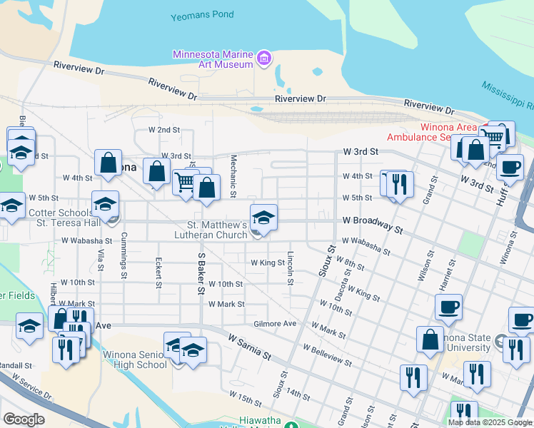 map of restaurants, bars, coffee shops, grocery stores, and more near 764 West Broadway Street in Winona