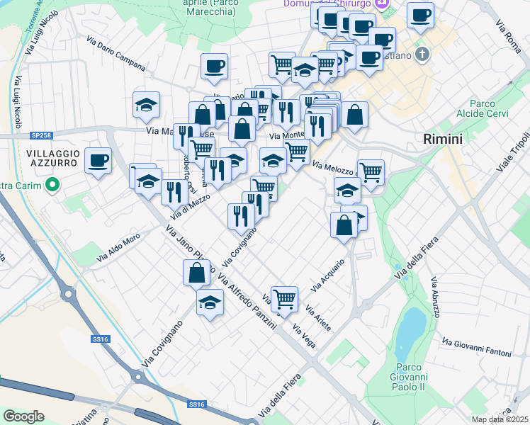 map of restaurants, bars, coffee shops, grocery stores, and more near 76 Via Covignano in Rimini