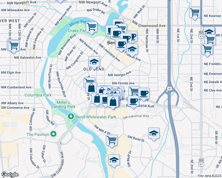 map of restaurants, bars, coffee shops, grocery stores, and more near 604 Northwest Delaware Avenue in Bend