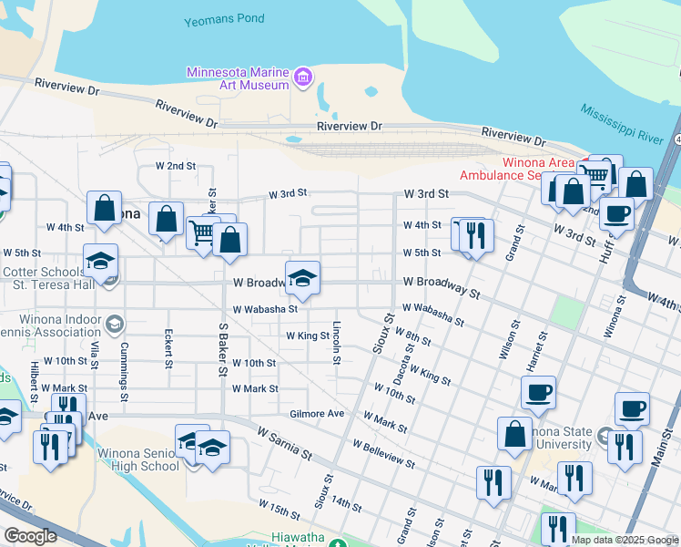 map of restaurants, bars, coffee shops, grocery stores, and more near 714 West Broadway Street in Winona