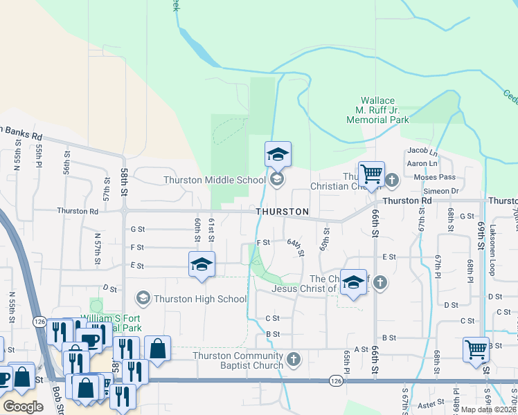 map of restaurants, bars, coffee shops, grocery stores, and more near 6296 Thurston Road in Springfield