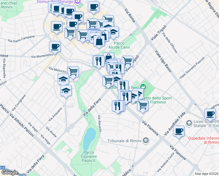 map of restaurants, bars, coffee shops, grocery stores, and more near 2c Via Bernardino Gueritti in Rimini