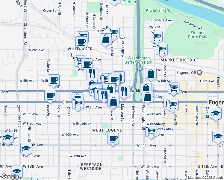 map of restaurants, bars, coffee shops, grocery stores, and more near 799 West 6th Avenue in Eugene
