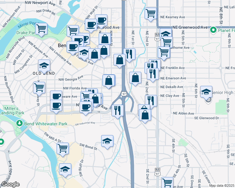map of restaurants, bars, coffee shops, grocery stores, and more near 35 Northwest Hastings Place in Bend