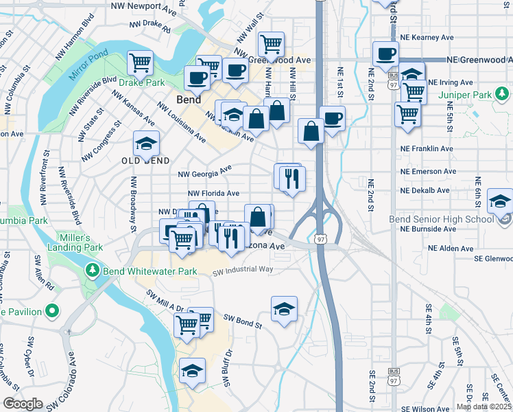 map of restaurants, bars, coffee shops, grocery stores, and more near 244 Northwest Delaware Avenue in Bend