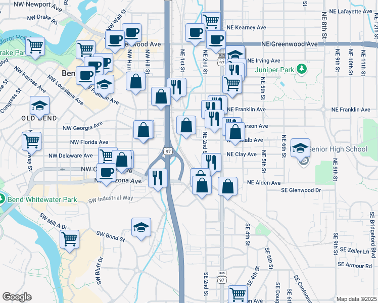 map of restaurants, bars, coffee shops, grocery stores, and more near 351 Northeast 2nd Street in Bend