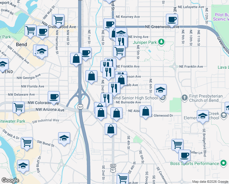 map of restaurants, bars, coffee shops, grocery stores, and more near 304 Northeast 3rd Street in Bend