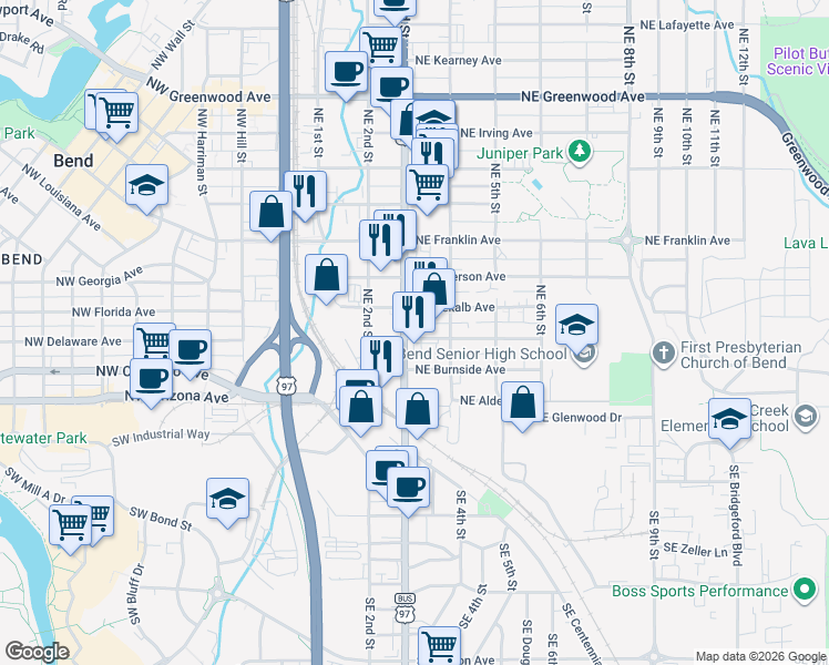 map of restaurants, bars, coffee shops, grocery stores, and more near 304 Northeast 3rd Street in Bend