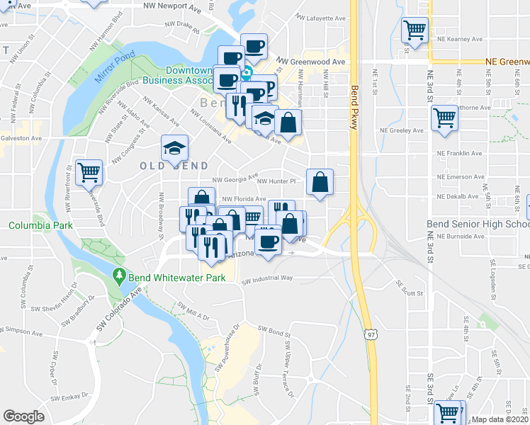 map of restaurants, bars, coffee shops, grocery stores, and more near 344 Northwest Delaware Avenue in Bend
