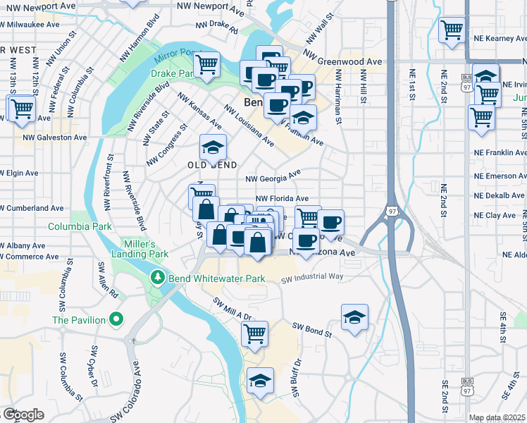 map of restaurants, bars, coffee shops, grocery stores, and more near 604 Northwest Delaware Avenue in Bend