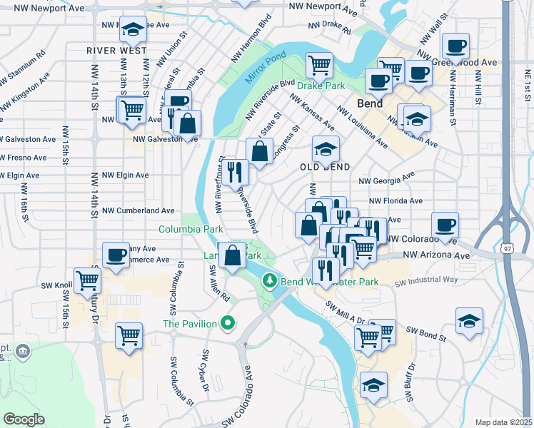 map of restaurants, bars, coffee shops, grocery stores, and more near 60 Northwest Shasta Place in Bend