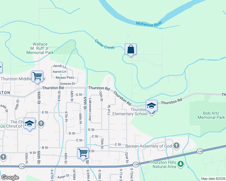 map of restaurants, bars, coffee shops, grocery stores, and more near 7090 Thurston Road in Springfield