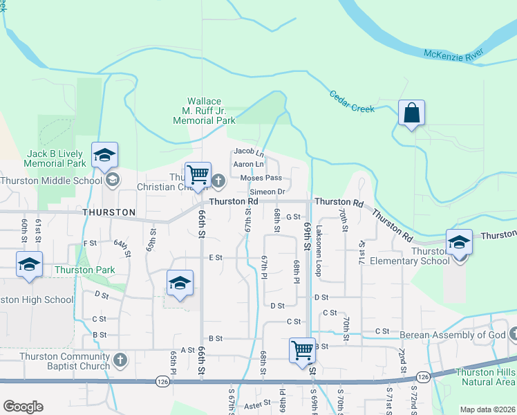 map of restaurants, bars, coffee shops, grocery stores, and more near 6731 Thurston Road in Springfield