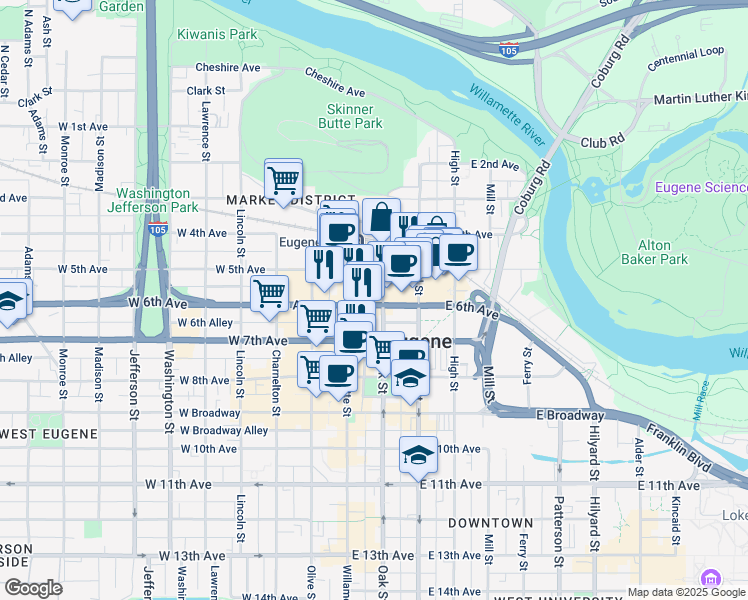 map of restaurants, bars, coffee shops, grocery stores, and more near 560 Oak Street in Eugene