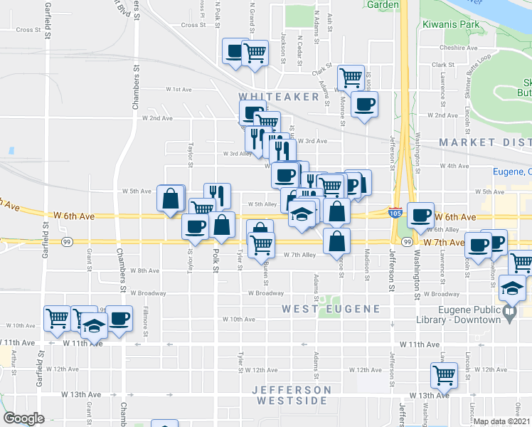 map of restaurants, bars, coffee shops, grocery stores, and more near 1093 West 6th Avenue in Eugene