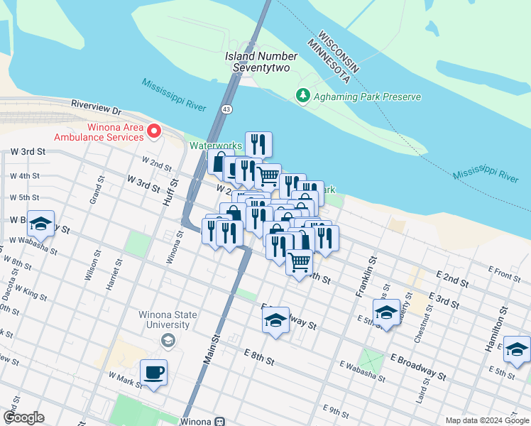 map of restaurants, bars, coffee shops, grocery stores, and more near 109 Main Street in Winona