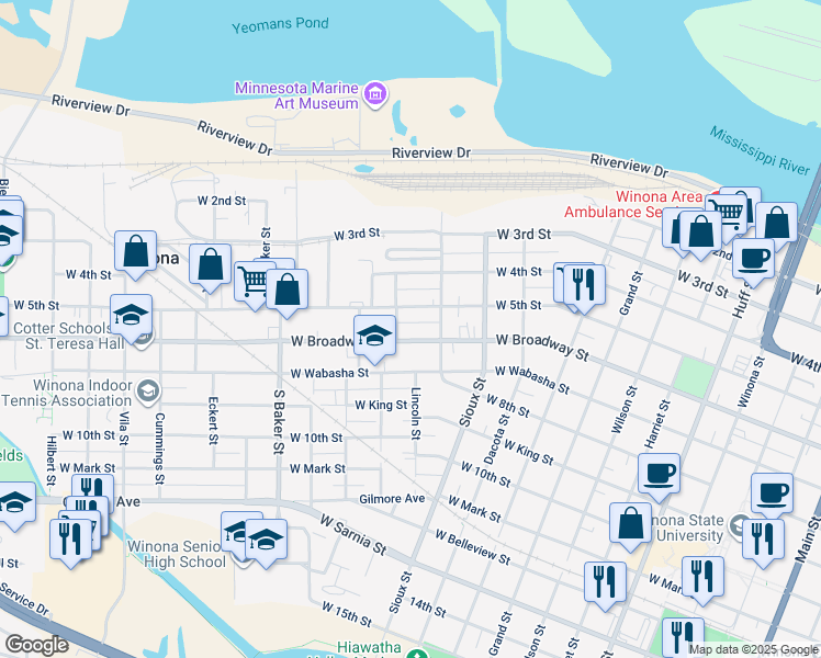 map of restaurants, bars, coffee shops, grocery stores, and more near 714 West Broadway Street in Winona