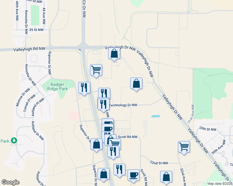 map of restaurants, bars, coffee shops, grocery stores, and more near 2770 Commerce Drive Northwest in Rochester