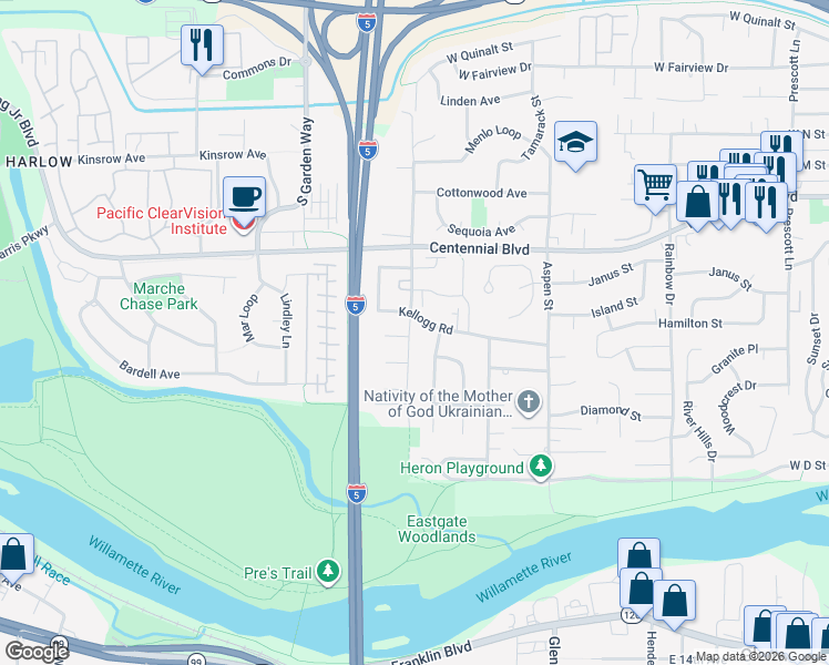 map of restaurants, bars, coffee shops, grocery stores, and more near 885 Anderson Lane in Springfield