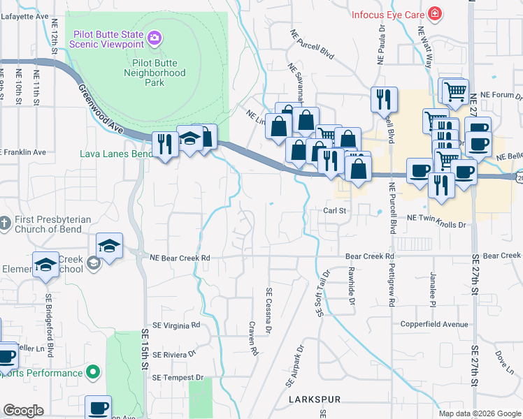 map of restaurants, bars, coffee shops, grocery stores, and more near 83 Northeast Cessna Drive in Bend