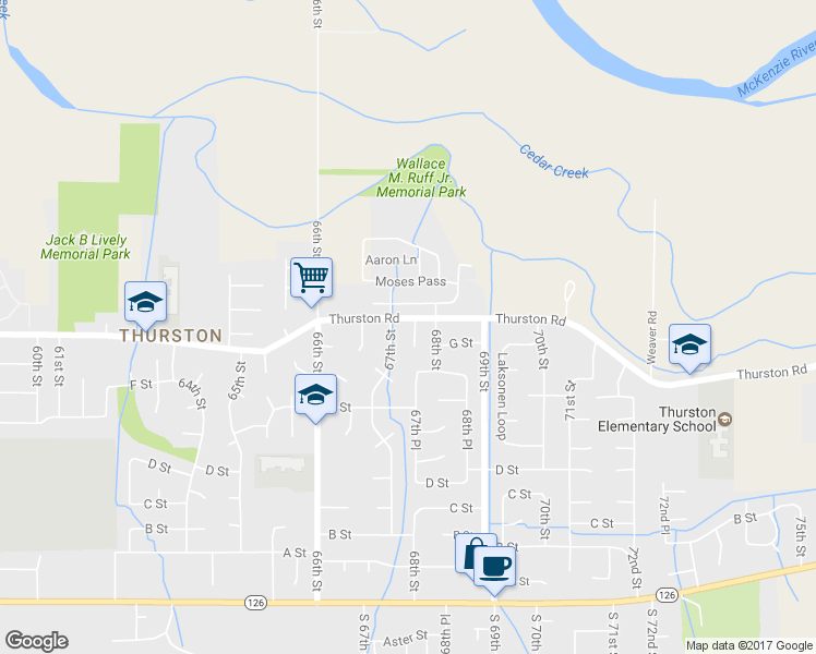 map of restaurants, bars, coffee shops, grocery stores, and more near 6731 Thurston Road in Springfield