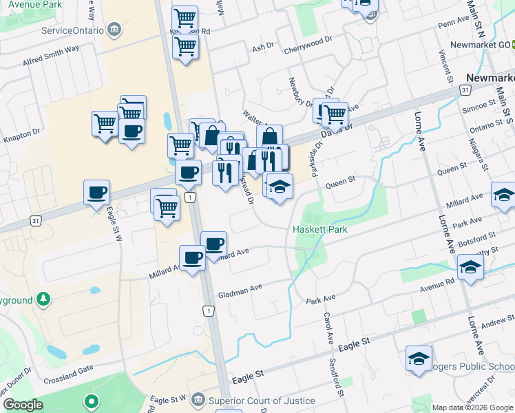 map of restaurants, bars, coffee shops, grocery stores, and more near 63 Wilstead Drive in Newmarket