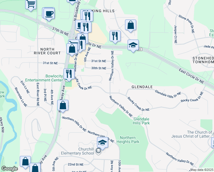 map of restaurants, bars, coffee shops, grocery stores, and more near 2807 Northern Valley Drive Northeast in Rochester