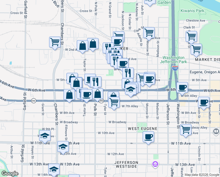 map of restaurants, bars, coffee shops, grocery stores, and more near 555 Tyler Street in Eugene
