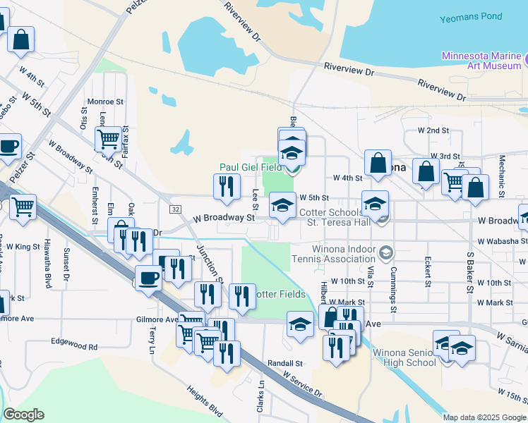 map of restaurants, bars, coffee shops, grocery stores, and more near 1340 West Broadway Street in Winona