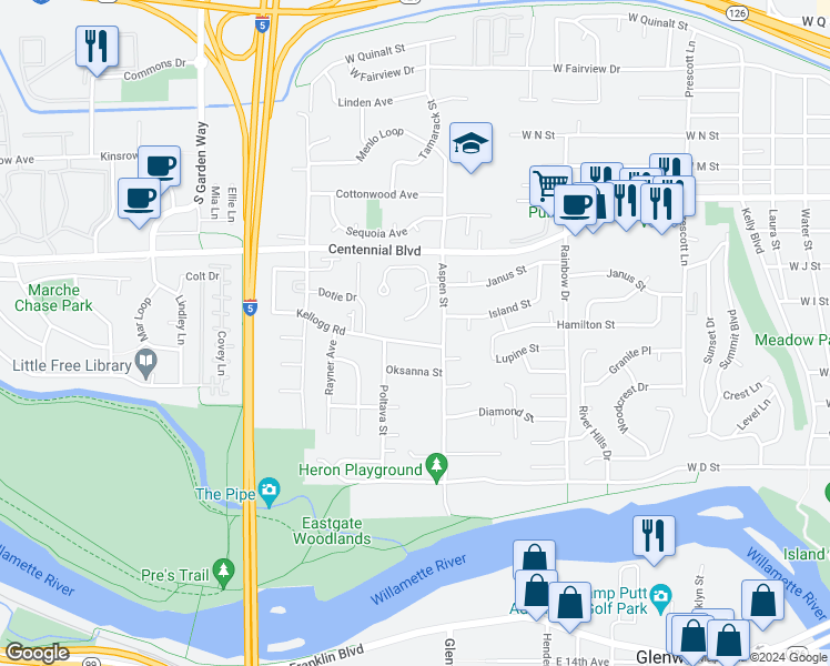 map of restaurants, bars, coffee shops, grocery stores, and more near 949 Fairway Place in Springfield