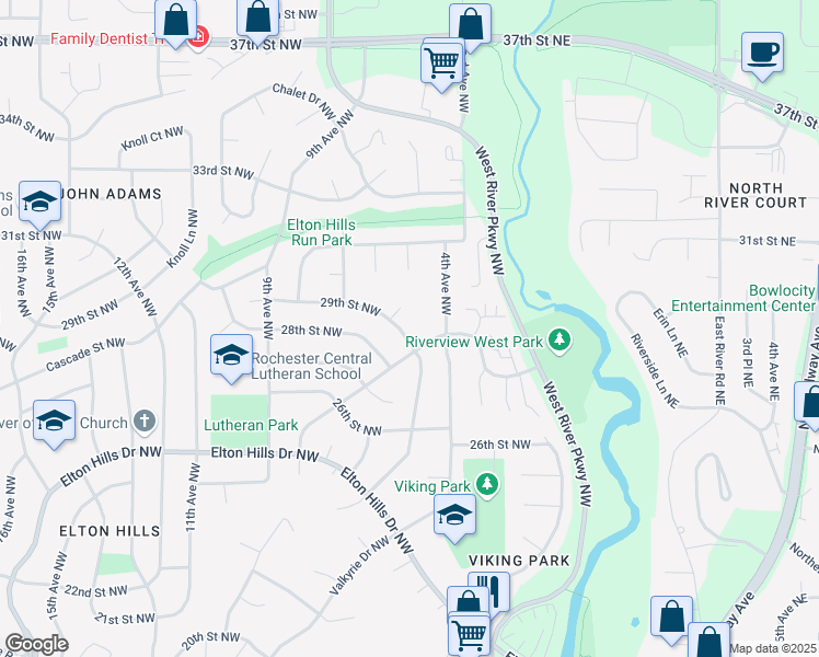 map of restaurants, bars, coffee shops, grocery stores, and more near 515 29th Street Northwest in Rochester