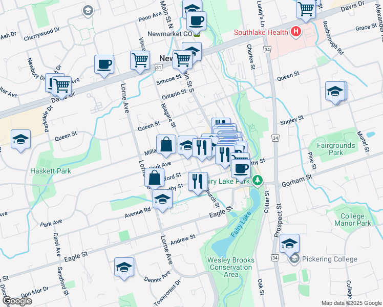map of restaurants, bars, coffee shops, grocery stores, and more near 162 Church Street in Newmarket