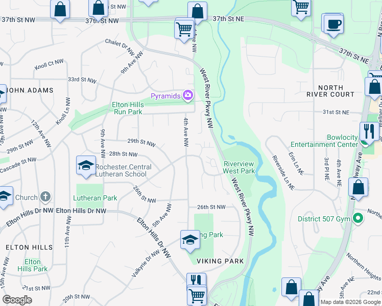 map of restaurants, bars, coffee shops, grocery stores, and more near 2804 4th Avenue Northwest in Rochester