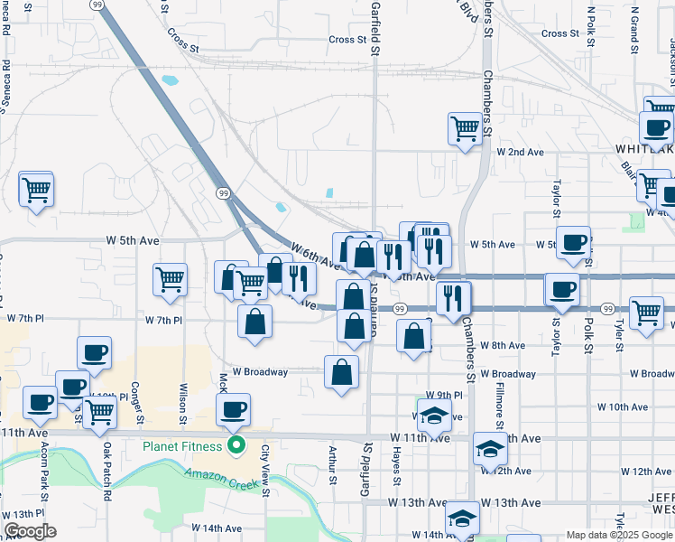 map of restaurants, bars, coffee shops, grocery stores, and more near 2096 West 6th Avenue in Eugene