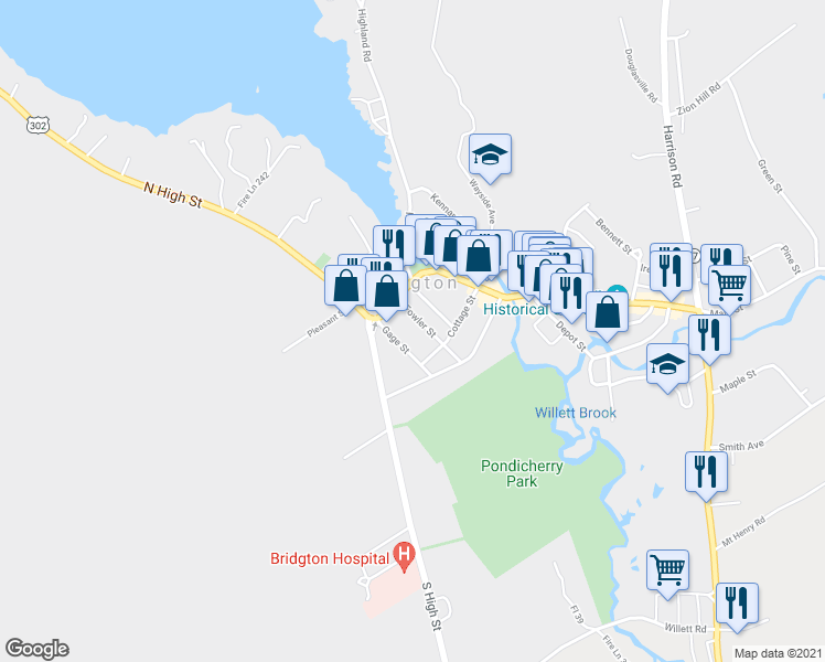 map of restaurants, bars, coffee shops, grocery stores, and more near 7 Fowler Street in Bridgton